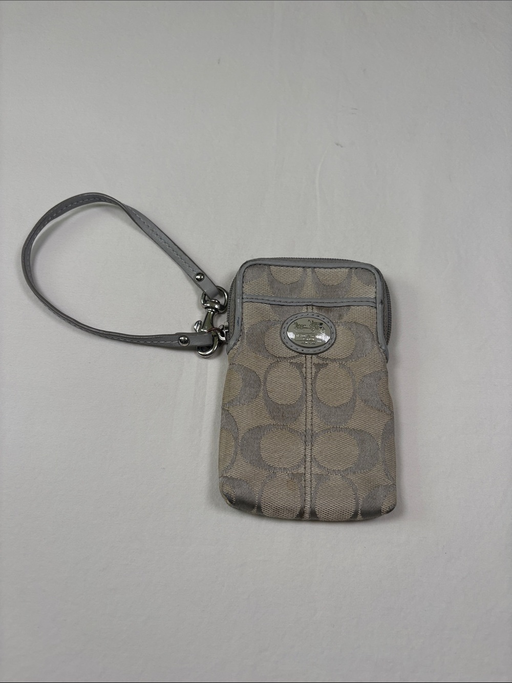 Coach Neutral Signature Canvas Wristlet in Khaki and Gray